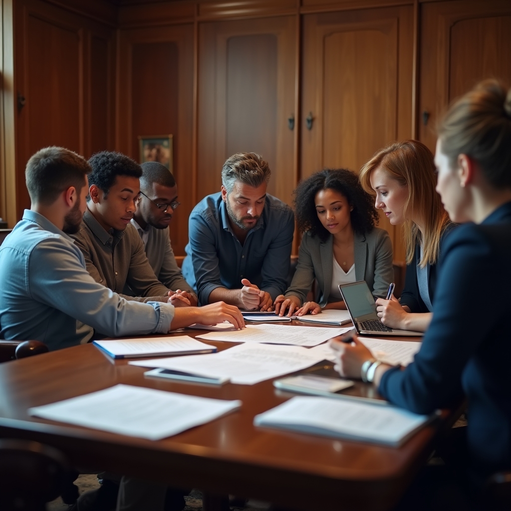 Mixed group of administrative and operations professionals reviewing training material together at a wooden table