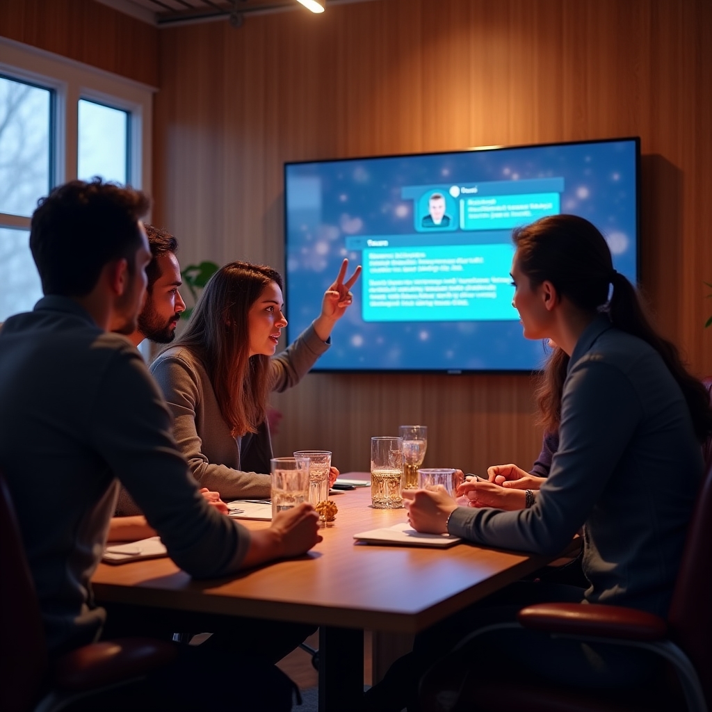 Small operations team discussing messages on a team chat platform shown on a wall-mounted screen